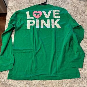 VS PINK GLITTERY SHINE CAMPUS TEE LONG SLEEVE PINK ORIGINALS GREEN MEDIUM NWT